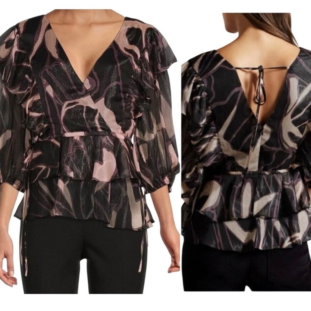 Ted Baker Jasmyna Black Purple Metallic Ruffle Peplum Blouse Size 4 L 10/12